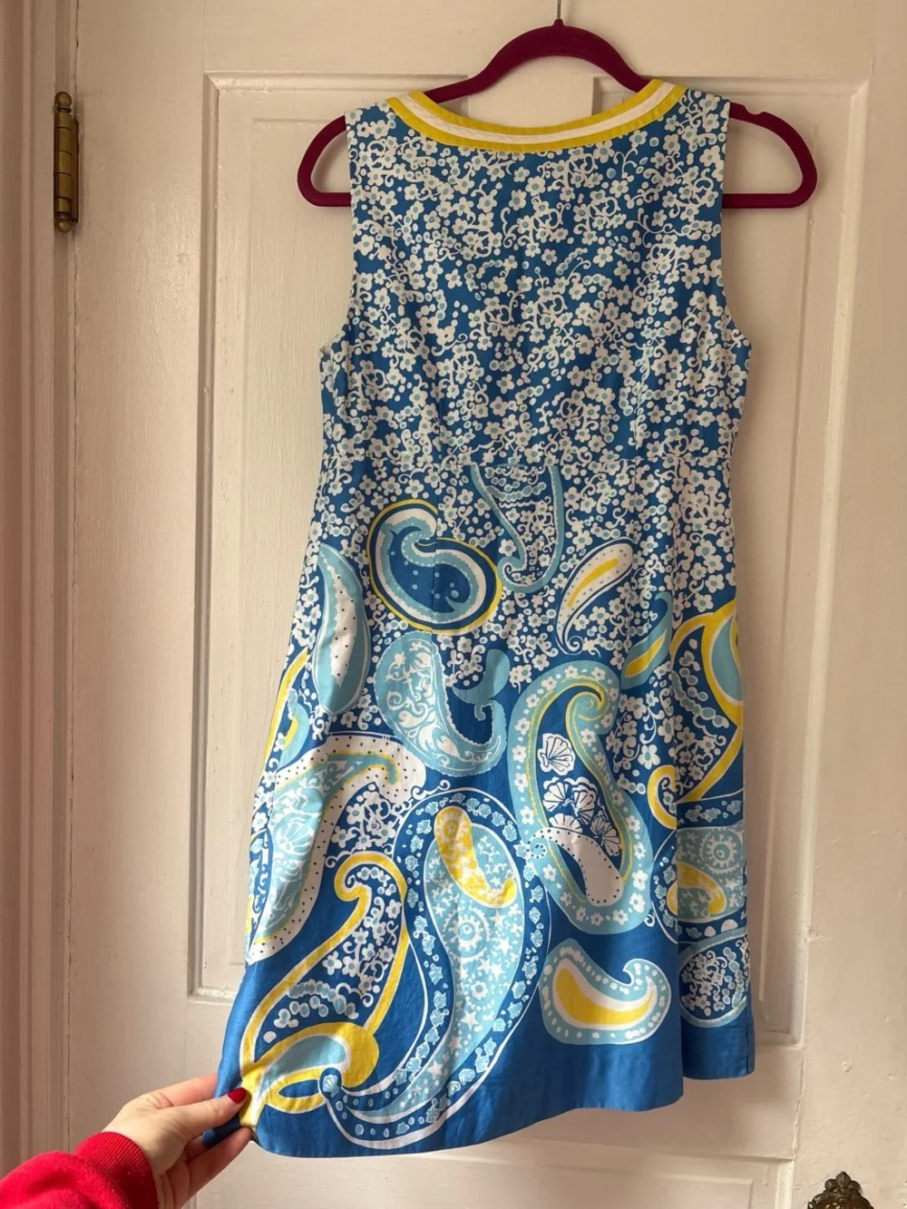 Lilly Pulitzer Blue, White & Yellow Paisley V-Neck Shift Dress
